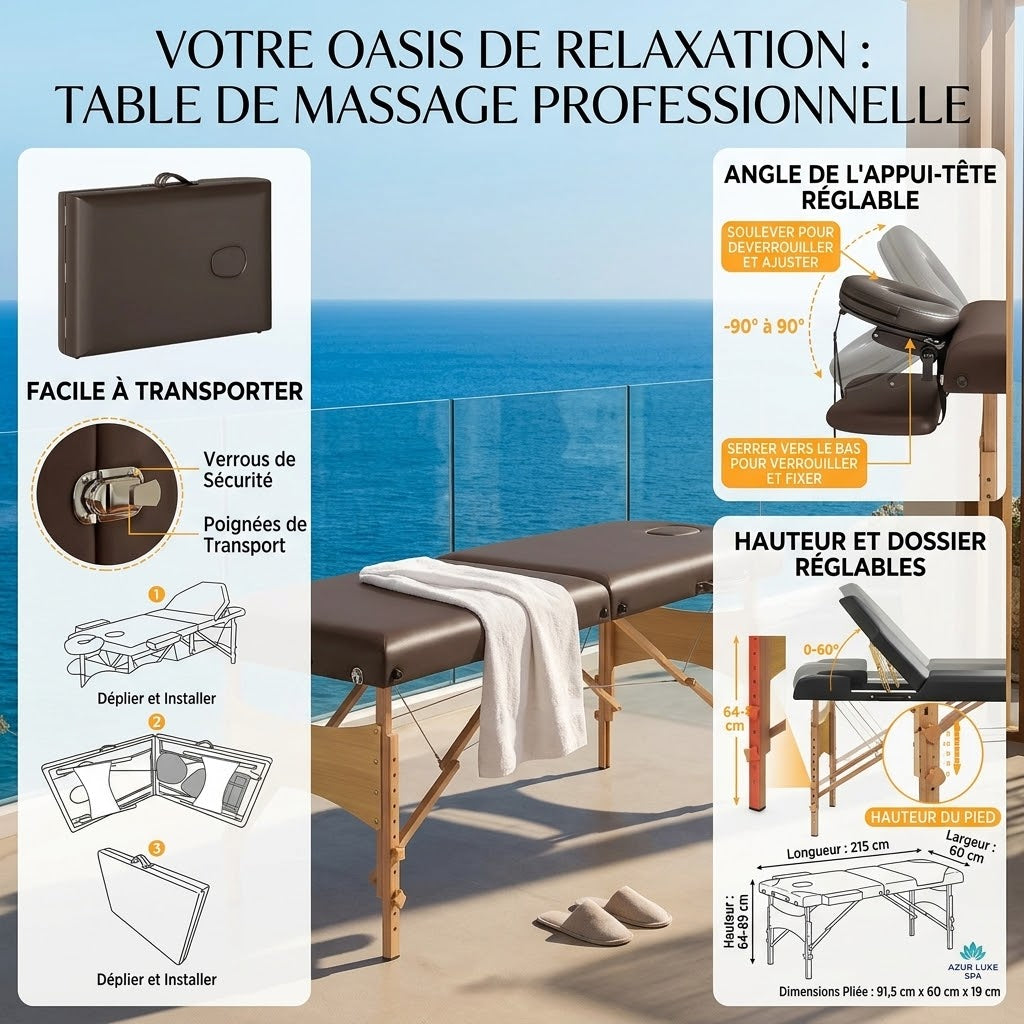 Table de Massage Signature – Bois Massif 3 Zones, Hauteur Réglable | Kiné, Spa, Institut