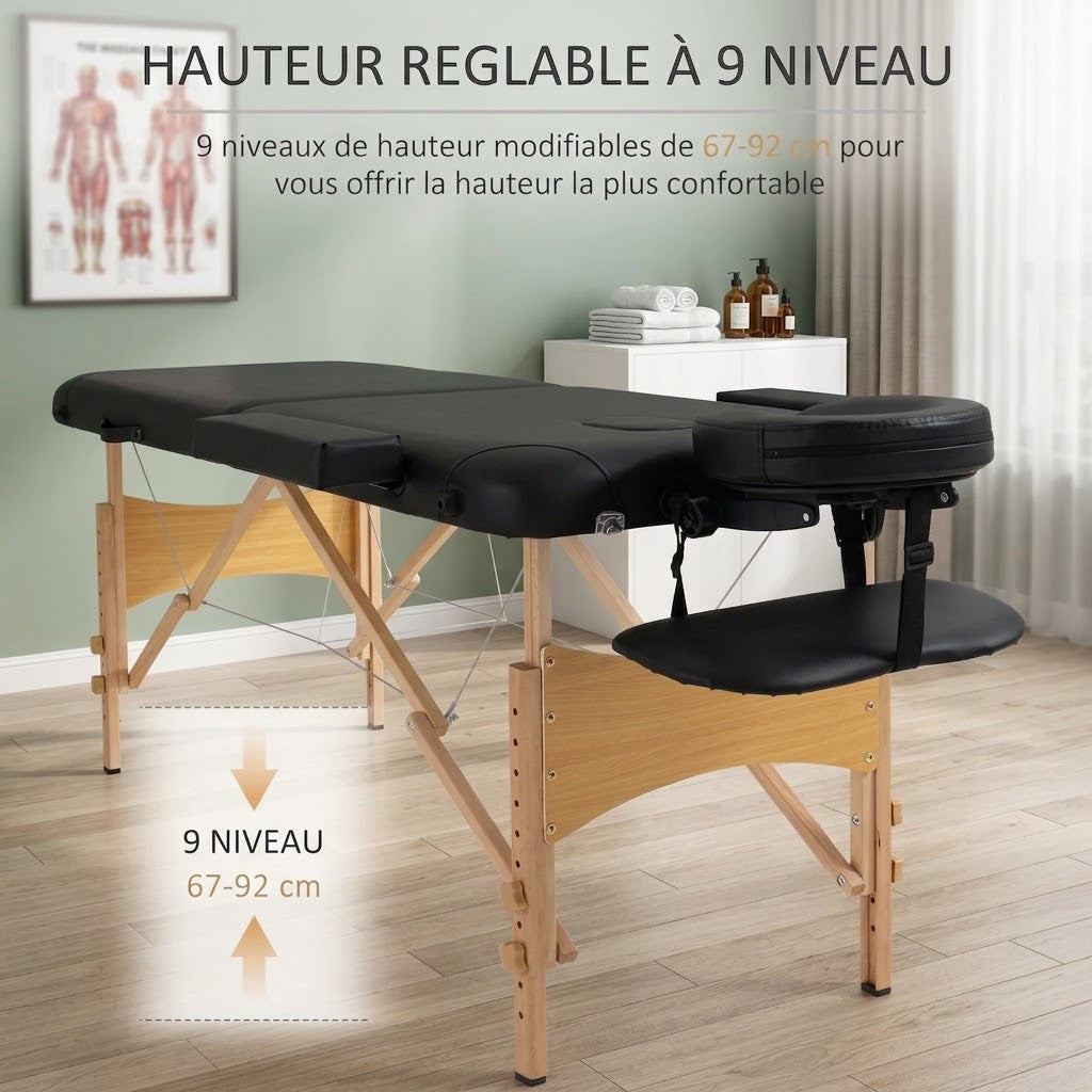 Table de Massage Prestige – Bois Massif 2 Zones, Hauteur Réglable | Kiné, Spa, Institut