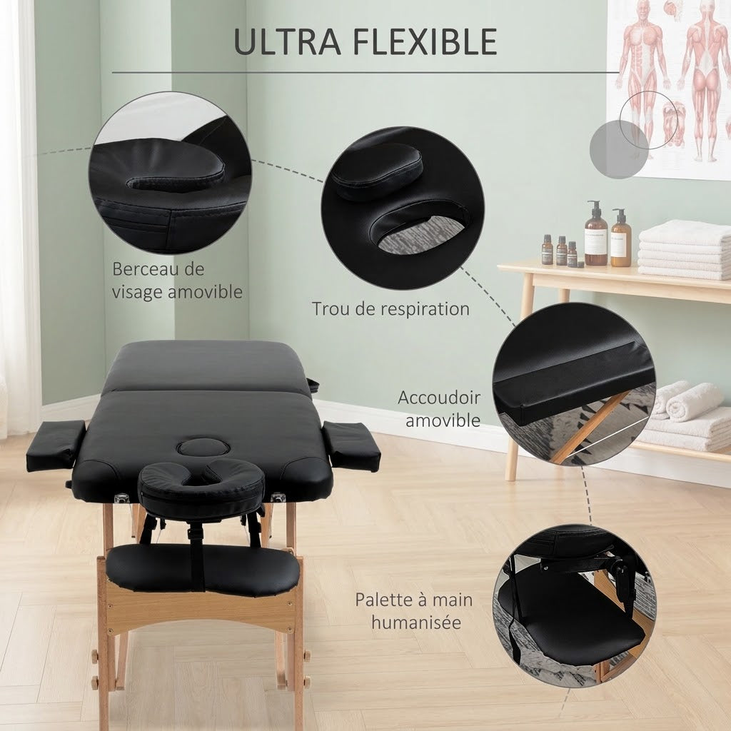 Table de Massage Prestige – Bois Massif 2 Zones, Hauteur Réglable | Kiné, Spa, Institut